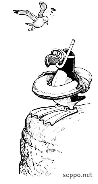  Gull and Black guillemot , keywords:
 Common gull Mew gull Black guillemot Tystie snorkelling snorkeling diving mask dive jump shore waterfront stone Cepphus grylle Larus canus cartoon