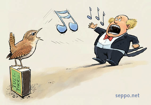  Song contest Eurasian Wren vs. Opera Singer, keywords:
 voice production volume decibel Eurasian wren human man opera singer professional singer birdsong Troglodytes troglodytes cartoon