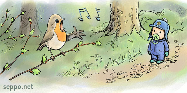  Child and robin, keywords:
 child children European robin forest birdsong nature Erithacus rubecula cartoon