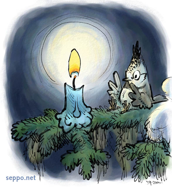  Crested Tit and candle, keywords:
 candle crested tit winter spruce Parus cristatus Lophophanes cristatus cartoon