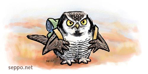  Northern hawk owl migrates, keywords:
 Surnia ulula Northern hawk owl hiking hike trek migrate Lapland Taiga cartoon