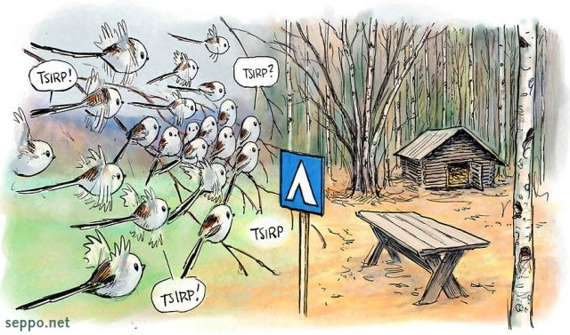  Long-tailed tits at campfire site, keywords:
 Long-tailed tit bushtit flock of birds chirp campsite encampment campfire woodshed signpost Aegithalos caudatus cartoon