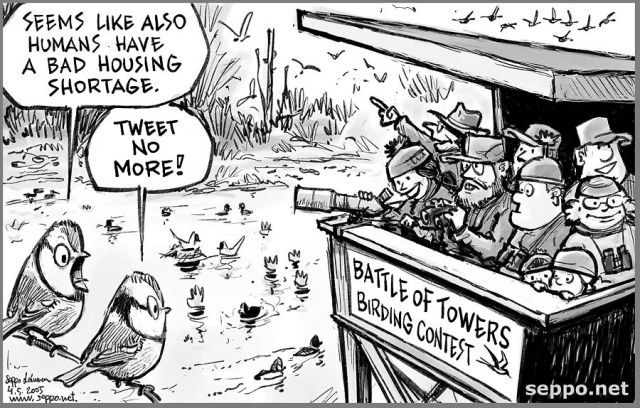  Housing shortage - birds and humans, keywords:
 birds birder birdwatching competition nest box bird tower observation contest blue tit waterfowl gull duck goose battle of towers birdlife conservation wetland cartoon