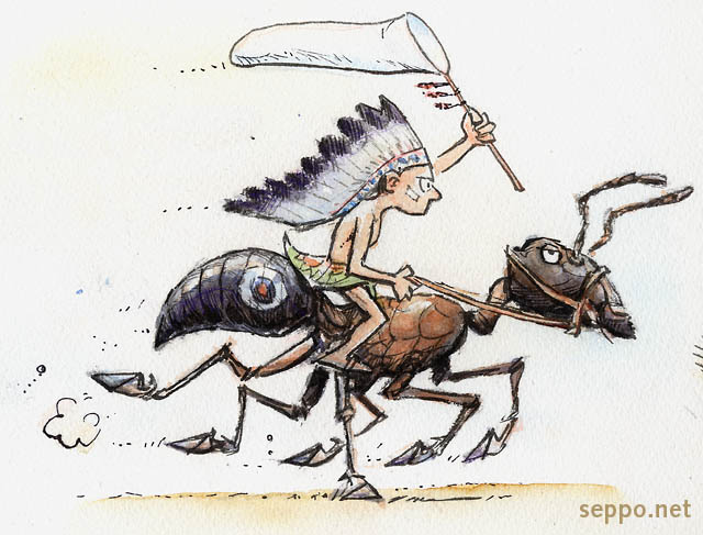  Indian riding Carpenter ant, keywords:
 Carpenter ant Indian imaginary figure fantasy phantasy Camponotus herculeanus cartoon