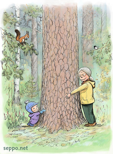  Grandma and grandchild hugging old pine, keywords:
 grandma granny grandmother grandchild red squirrel willow tit old-growth forest pine hug hugging cartoon