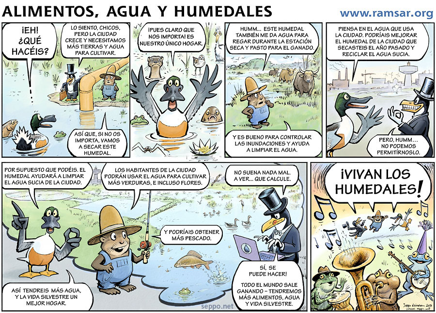  Alimentos agua y humedales, keywords: Alimentos agua humedales wetlands food water agriculture pasture purifier wildlife habitat rivers ponds mires farmer biodiversity climate flood duck vole. penguin frog conservation RAMSAR cartoon