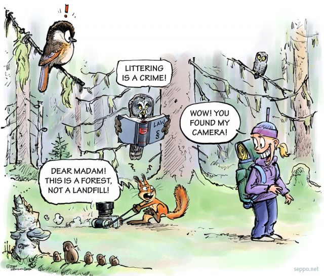  Do not litter please, keywords:
 human trash litter protected area bird wildlife observation outdoors nature Siberian jay Great grey owl shrew squirrel camera forest cartoon