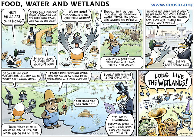  Food water and wetlands, keywords:
 wetlands food water agriculture pasture purifier wildlife habitat rivers ponds mires farmer biodiversity climate flood duck vole. penguin frog conservation RAMSAR cartoon