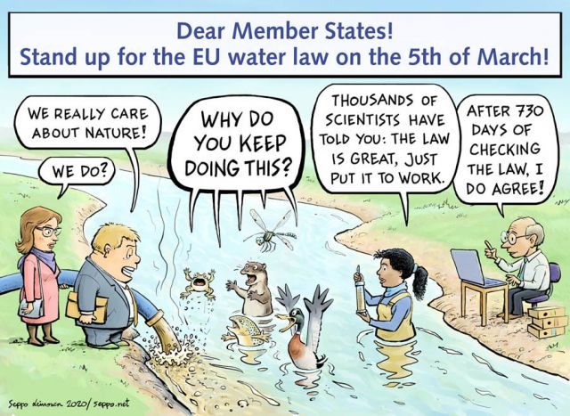  Water framework directive is in danger, keywords:  Water framework directive water law industry tear down trout otter mallard dragonfly river politicians EU member states researched scientist science evaluation WWF cartoon