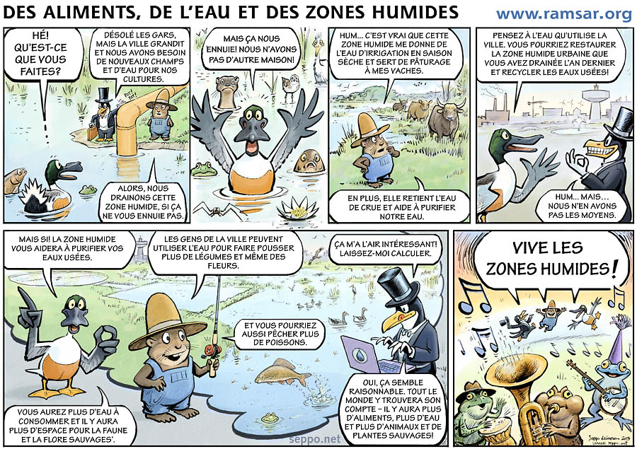  Alimentos agua y humedales, keywords: Alimentos agua humedales wetlands food water agriculture pasture purifier wildlife habitat rivers ponds mires farmer biodiversity climate flood duck vole. penguin frog conservation RAMSAR cartoon