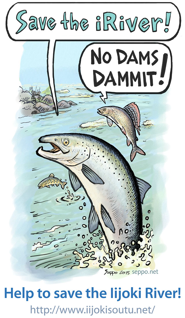  Save the Iijoki River, keywords:
 Ijjoki river free dam reservoir Kollaja Vuotos migratory fish fish ladders protection salmon trout grayling Salmo salar Salmo trutta Thymallus thymallus piirros