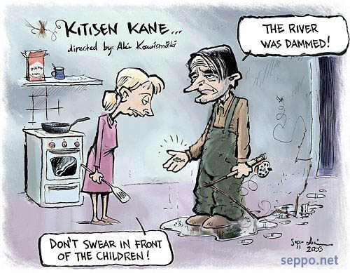  Fisherman and the dammed river, keywords:
 fish fisherman fly fishing river free creek Citizen Cane Kitisen Kane Aki Kaurismäki Kemijoki Oy hydroelectric power palnt dam destruction hookes cartoon