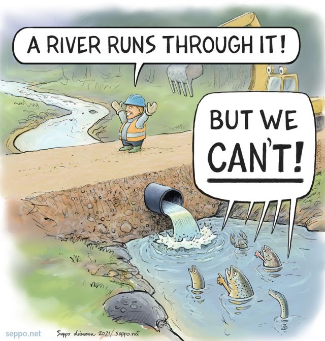  Culvert - a river runs trhough it - fish don't, keywords:  culvert river runs through it road block Robert Redford trout eel grayling lamprey migrating fish swimway passage threat dam removal spawning river fish migration river creek Salmo trutta cartoon