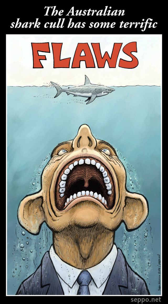  Tony Abbott and the Australian shark cull, keywords:
 shark cull great white shark terrific flaws Australia Tony Abbott government anti-environmental Carcharodon carcharias science marine top predators cartoon