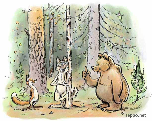  Bear, Wolf and Fox, keywords:
 fox bear wolf Canis lupus Ursus arctos Vulpes vulpes old-growth forest cartoon