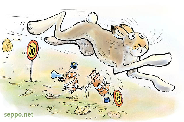  Hare on the run speeding, keywords:
 Mountain hare white hare snow hare alpine hare run running speed speeding speed limit traffic control bank vole policeman Lepus timidus Myodes glareolus cartoon