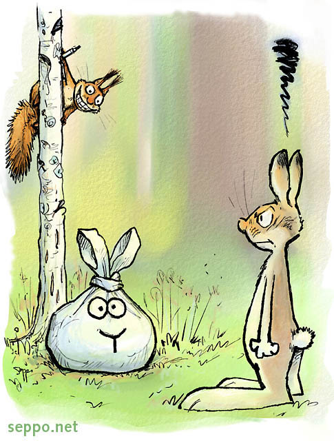  Hare squirrel and trashbag, keywords:
 mountain hare red squirrel trashbag litterbag joke Sciurus vulgaris Lepus timidus cartoon