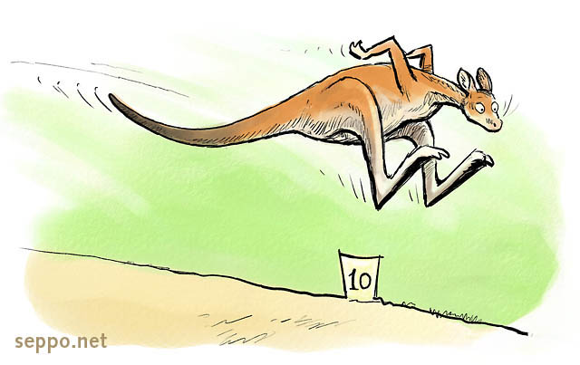 Kangaroo doing long jump, keywords:
 Grey kangaroo long jump contest competition Macropus cartoon