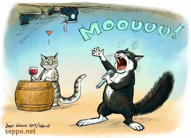  Cats in heat, keywords:
 domestic cat male female karaoke bar in heat estrus mating display courtship caterwaul meowing singing Felis catus cartoon