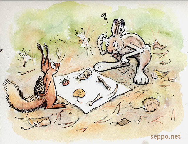  Hare and squirrel play memory game, keywords:
 Mountain hare Red squirrel play game memory game natural items Lepus timidus Sciurus vulgaris cartoon