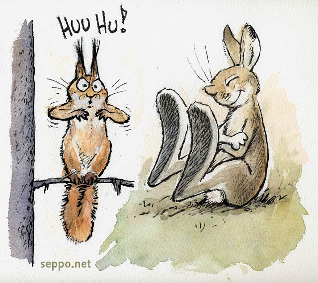  Hare laughs at squirrel mimicing eagle owl, keywords:
 mountain hare red squirrel hoot hooting mimicry mimicing eagle owl Sciurus vulgaris Lepus timidus cartoon
