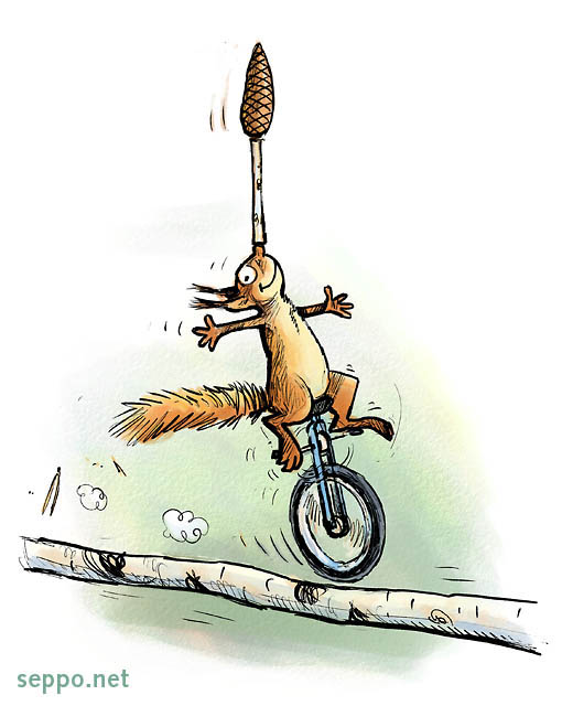  Squirrel doing acrobatics on monocycle, keywords:
 red squirrel acrobatics monocycle unicycle balance balance acorn Sciurus vulgaris cartoon