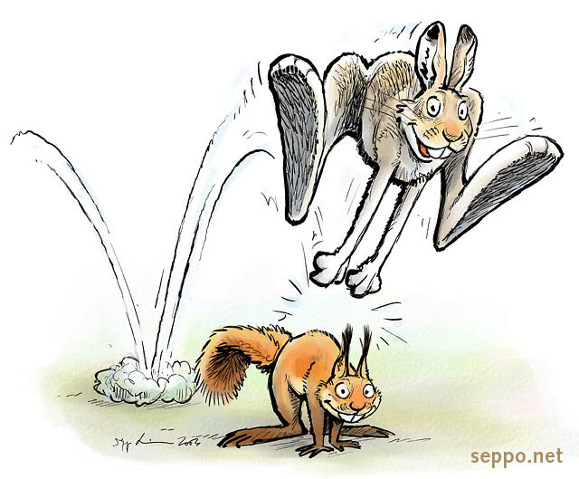  Hare and squirrel doing leapfrog , keywords:
 mountain hare red squirrel leapfrog play fun physical exercise gym Sciurus vulgaris Lepus timidus cartoon