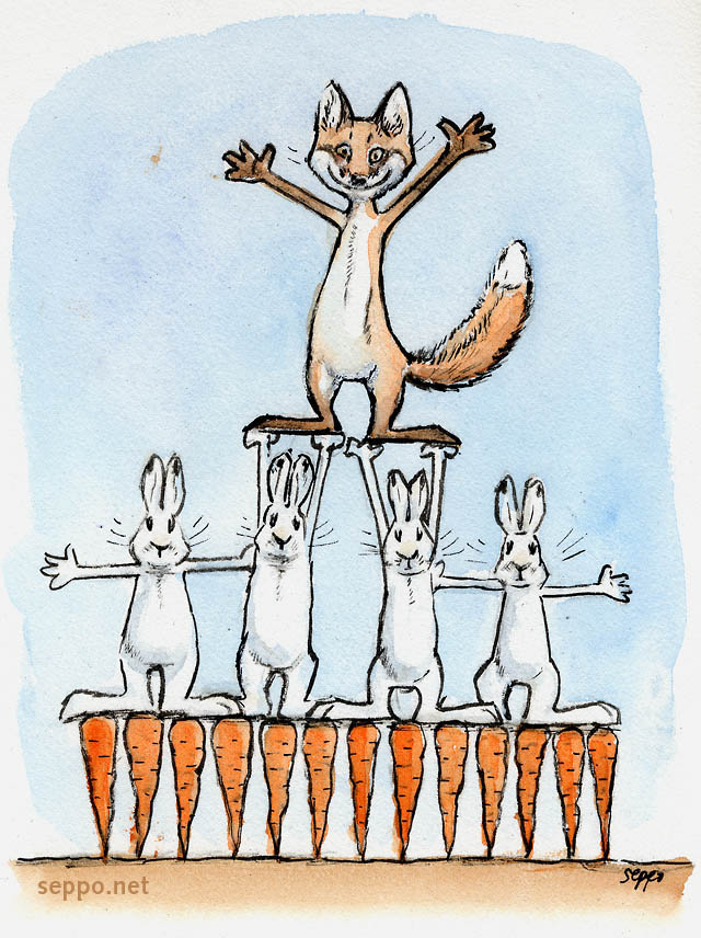  Food pyramid – fox hares and carrots, keywords:
 food pyramid food chain nutrition ecology red fox mountain hare carrot Vulpes vulpes Lepus timidus cartoon