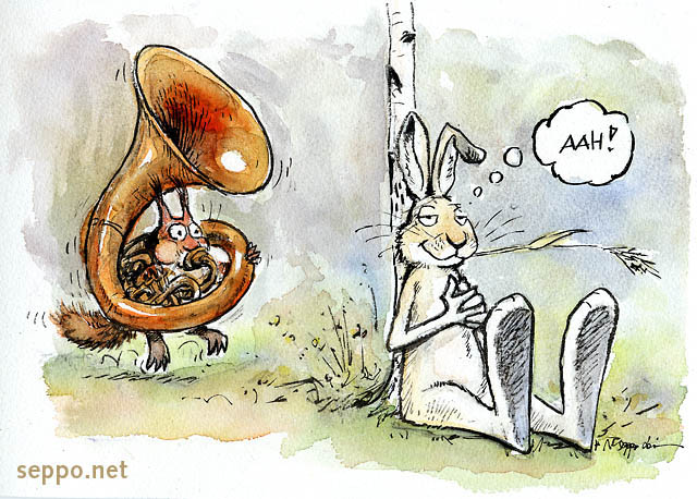  Wake-up signal for hare, keywords:
 red squirrel mountain hare French horn wake-up waking up noise Sciurus vulgaris Lepus timidus cartoon