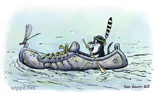  Water shrew and shoe boat, keywords:
 European water shrew damselfly shoe boat water water course reuse Neomys fodiens Coenagrionidae cartoon