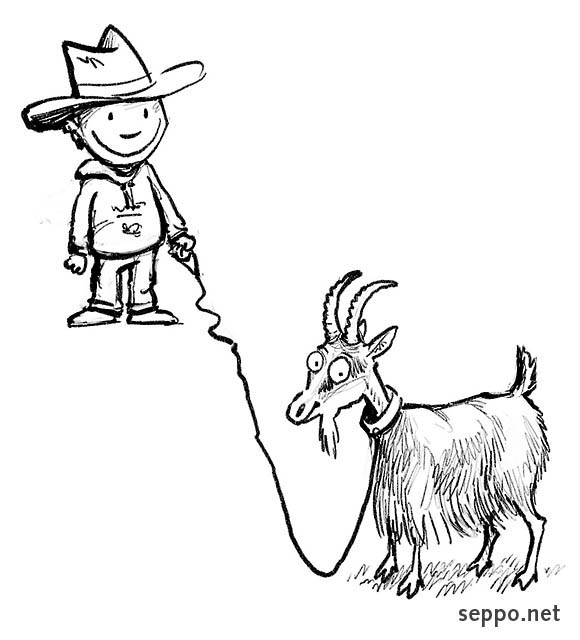  Boy and goat, keywords:
 boy child goat pet stetson hat cowboy horns lead Capra aegagrus hircus cartoon