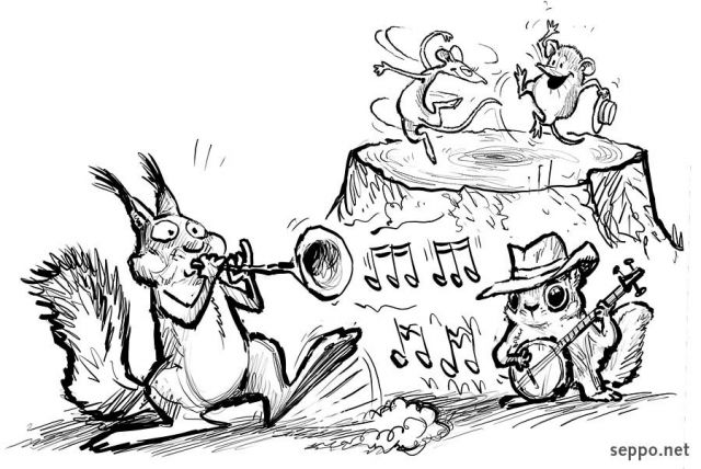  Jam session – squirrel and flying squirrel, keywords:
 squirrel flying squirrel music jam session party banjo trumpet dancing tree stump shrew mouse Pteromys volans Sciurus vulgaris cartoon