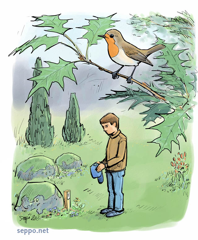  Urn grove and robin, keywords:
 urn grove cemetery deceased departed memorial moment robin nature death Erithacus rubecula cartoon