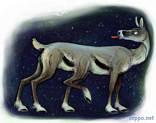  Khanty legend – deer in Perseus constellation, keywords:
 deer mythical creature fable figure folklore mythology Khanty people six-legged starry sky stars Perseus constellation cartoon