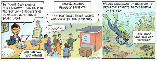  Human economy is based on living ecosystems, keywords:
 economy balance ecology nature value biodiversity dry toilet treasure living world sea forest cartoon