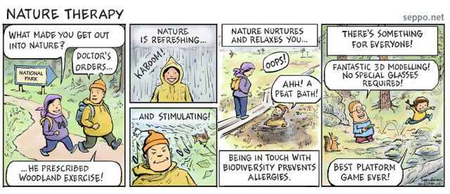  Nature therapy, keywords:
 nature therapy cure prescription doctor health relaxation biodiversity remedy allergy woodland happiness outdoors refreshing cartoon