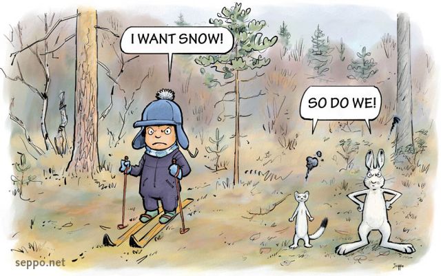  Skier and hare and stoat yearn for snow, keywords:
 fall autumn snowless winter snow skiing skier mountain hare snow hare stoat ermine winter coat winter pelage climate change Lepus timidus Mustela erminea cartoon