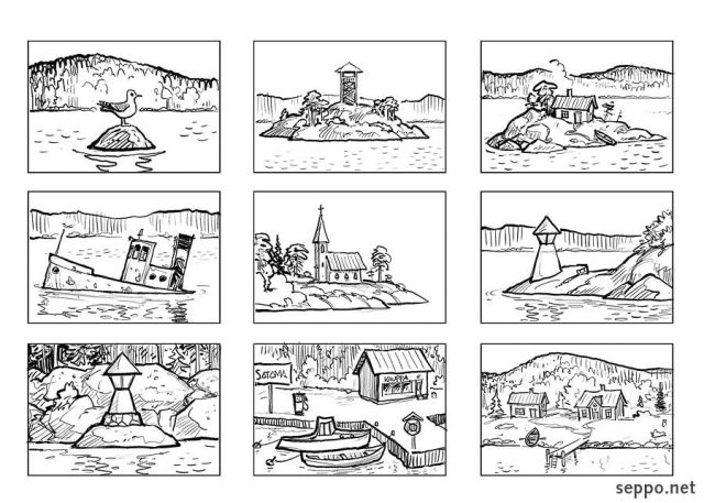  Shore sceneries, keywords:
 shore waterfront landscape scenery building structure tower cabin church pier harbor shop store boat ship cartoon
