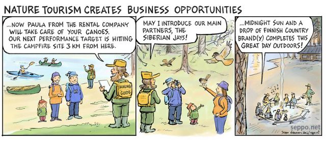  Nature tourism creates business opportunities, keywords:
 nature tourism outdoors canoeing trekking open fire coffee Siberian jay protected area national park sustainable business model quide cartoon