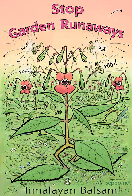  Invasive species - Himalayan balsam, keywords:
 invasive species stop garden runaways Himalayan balsam Impatiens glandulifera biodiversity plants nature cartoon