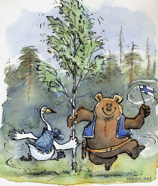  Kansalliseläimet ja koivu, keywords:
 karhu joutsen koivu kansalliseläin Ursus arctos Cygnus cygnus Suomi suomalaisuus pilapiirros