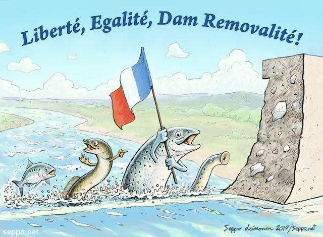  Vapaus veljeys vesipuitedirektiivi!, keywords:
 Alosa fallax Anguilla anguilla Petromyzon marius Salmo salar ankerias cartoon ennallistaminen lohi nahkiainen padonpurku pato täpläsilli vaelluskala vapaus veljeys vesipuitedirektiivi Ranska vesivoima virtavesi