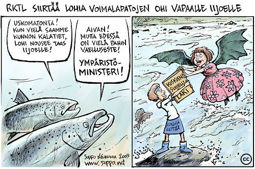  Iijoen lohen pahin vaelluseste - ympäristöministeri Lehtomäki, keywords:
 Iijoki Kollaja tekoallas koskiensuojelulaki vapaa koski virtavesi ympäristöministeri Paula Lehtomäki lohi vaelluskala taimen harjus kalatie Pohjolan Voima voimayhtiö pilapiirros