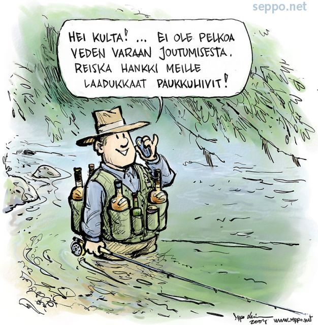  Perhokalastus - paukkuliivit, keywords:
 perhokalastus kalamies Se vavallinen tarina pakinakirja huumori kalastus kala paukkuliivit viski