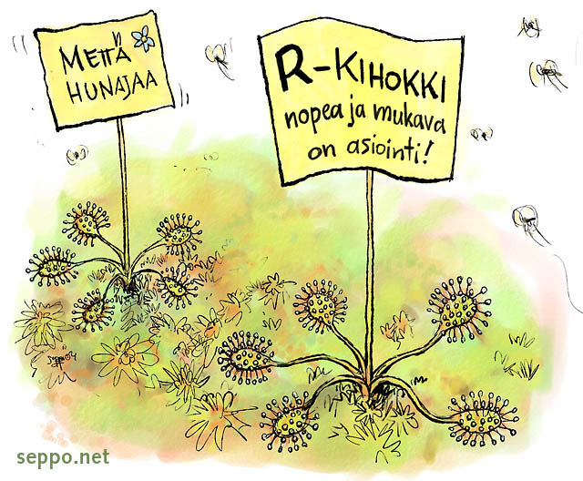  Kihokki - kioski, keywords:
 pilapiirros kihokki R-kioski mesi houkutus mainonta hyönteinen Drosera