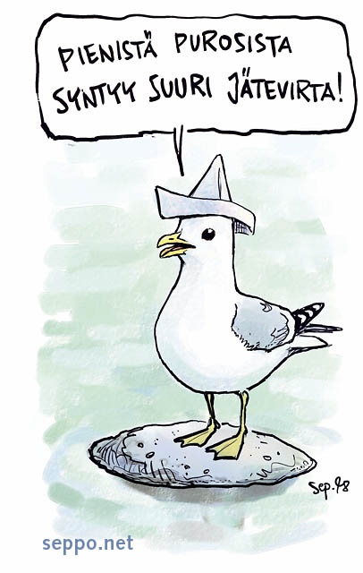  Lokki puhuu roskaa - jätevirta, keywords:
 lokki puro puronen jätevirta Larus canus pilapiirros