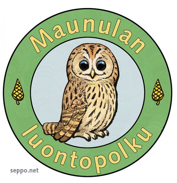  Maunulan luontopolku - logo, keywords:
 Maunulan luontopolku Keskuspuisto logo lehtopöllö Strix aluco käpy piirros