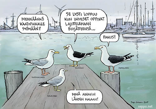  Lokit satamassa, keywords:
 lokit satama jätteet kaatopaikka biojäte lajittelu harmaalokki kalalokki merilokki selkälokki Larus argentatus Larus fuscus Larus canus Larus marinus pilapiirros