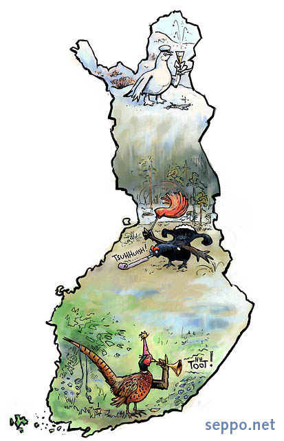 Suomen luonto - vappu, keywords: pilapiirros vappu kevät Suomi luonto etelä pohjoinen monimuotoisuus monipuolisuus suo metsä tunturi fasaani teeri kiiruna