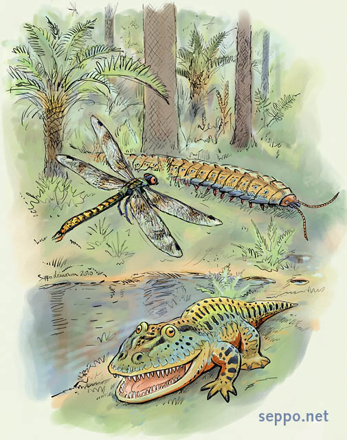  Hiilikauden jttiliselimi, keywords:
 hiilikausi kivihiilikausi jttilissudenkorento jttiliselin tuhatjalkainen Namurotypus meganeura monyi Arthropleura Eryops megacephalus muinainen sammakkoelin piirros
